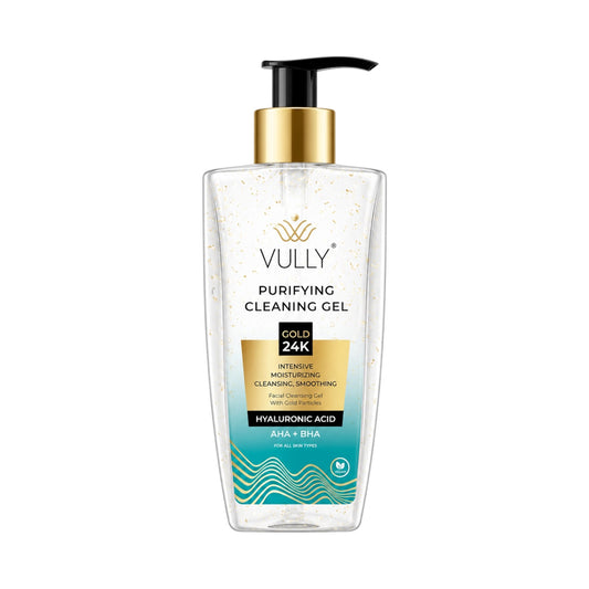 VULLY - Intensieve Zuiverende Hydraterende Roriënverstevigende Verzachtende AHA + BHA Hyaluronzuur Gezichtsreinigingsgel met 24k Gouden Deeltjes 200 ml