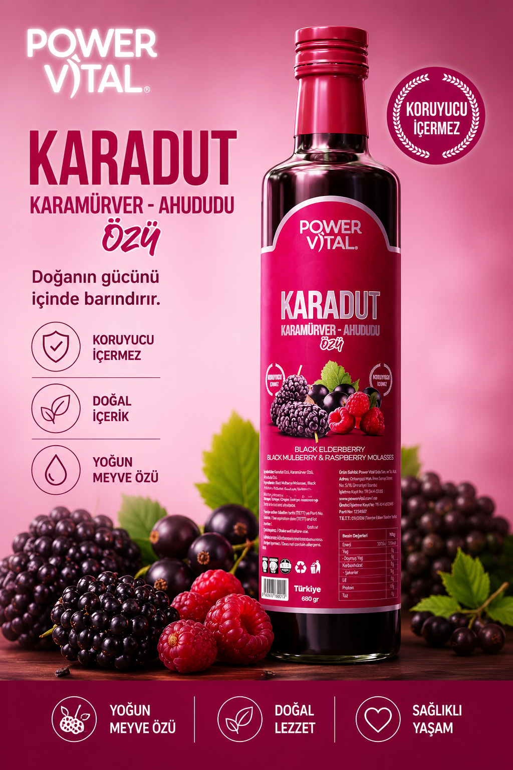Power Vital Karadut Özü 680 g – Zwarte Moerbei, Vlierbes & Frambozensiroop