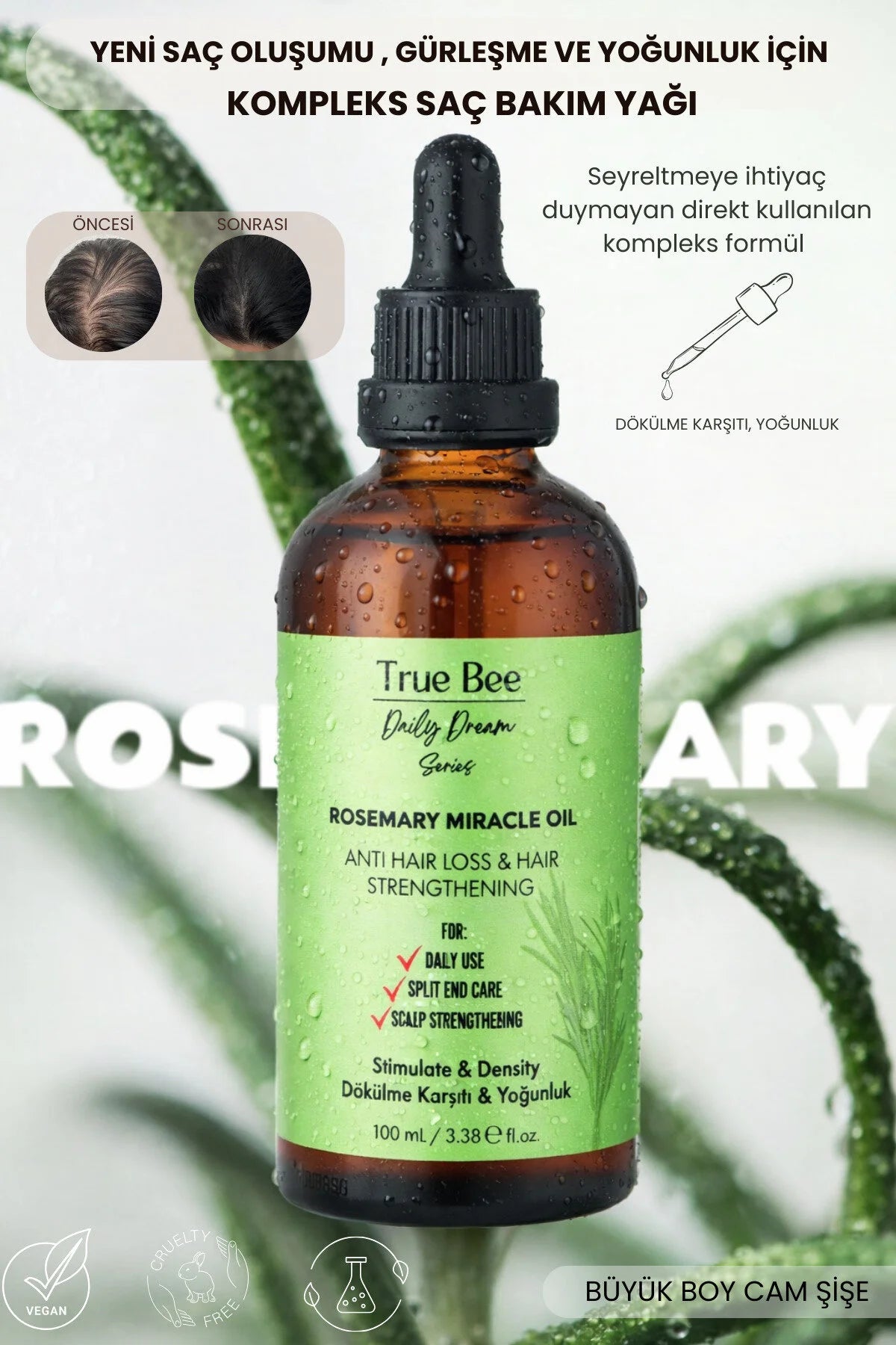 True Bee Rosemary Hair Oil Serum – Leave-In Haarverzorging – Hydratatie, Glans & Anti-Frizz – Voor Alle Haartypes – 100 ml