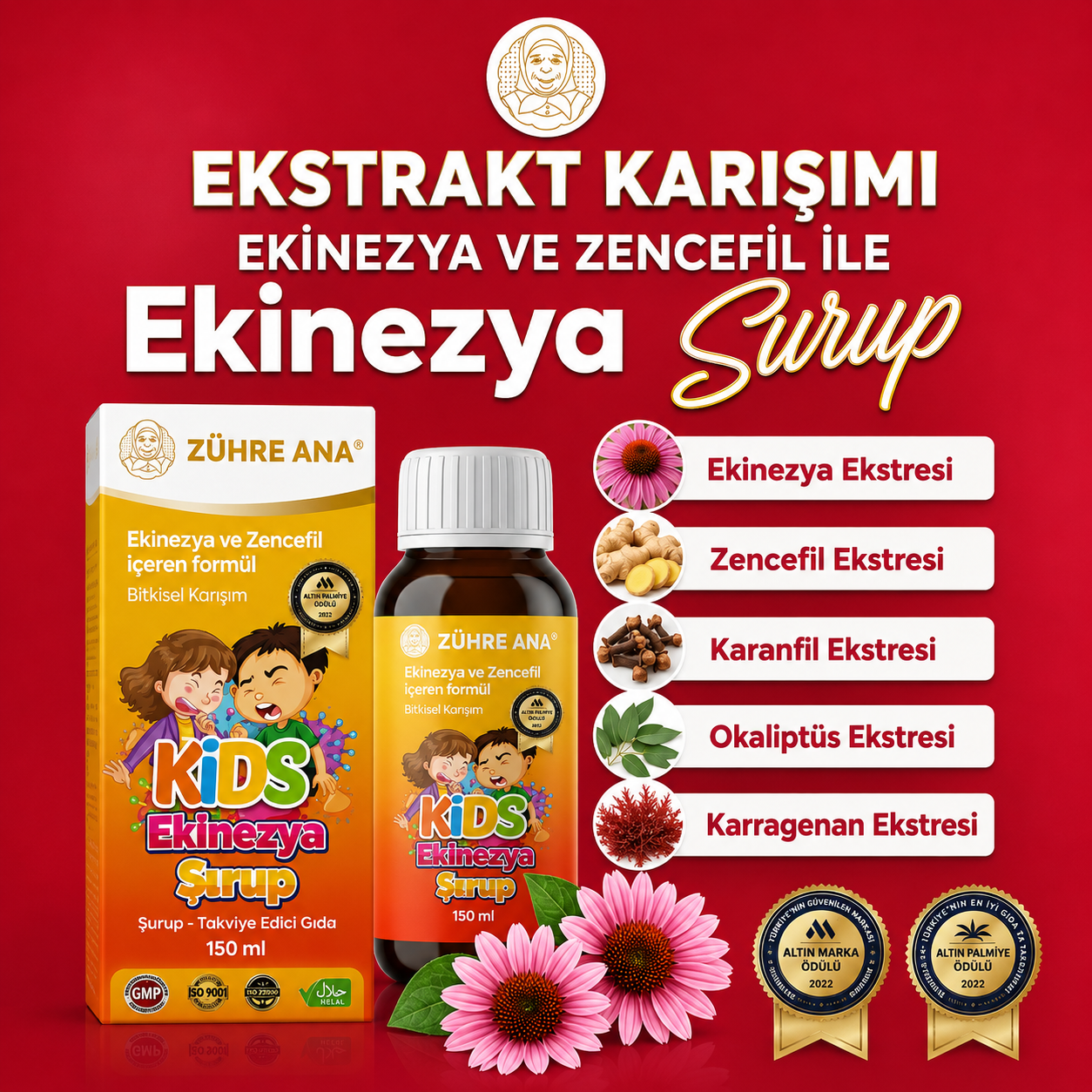 Zühre Ana Kids Ekinezya ve Zencefilli Şurup - 150ml | Echinacea & Gember Siroop | Met Natuurlijke Bananensmaak