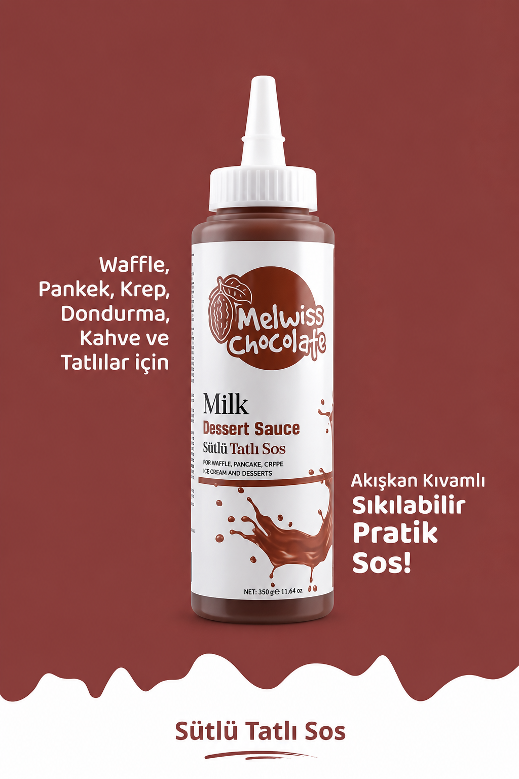 Melwiss Chocolate Milk Dessert Sauce 330 g – Romige Sütlü Tatlı Sos voor Wafels, Pannenkoeken & Desserts