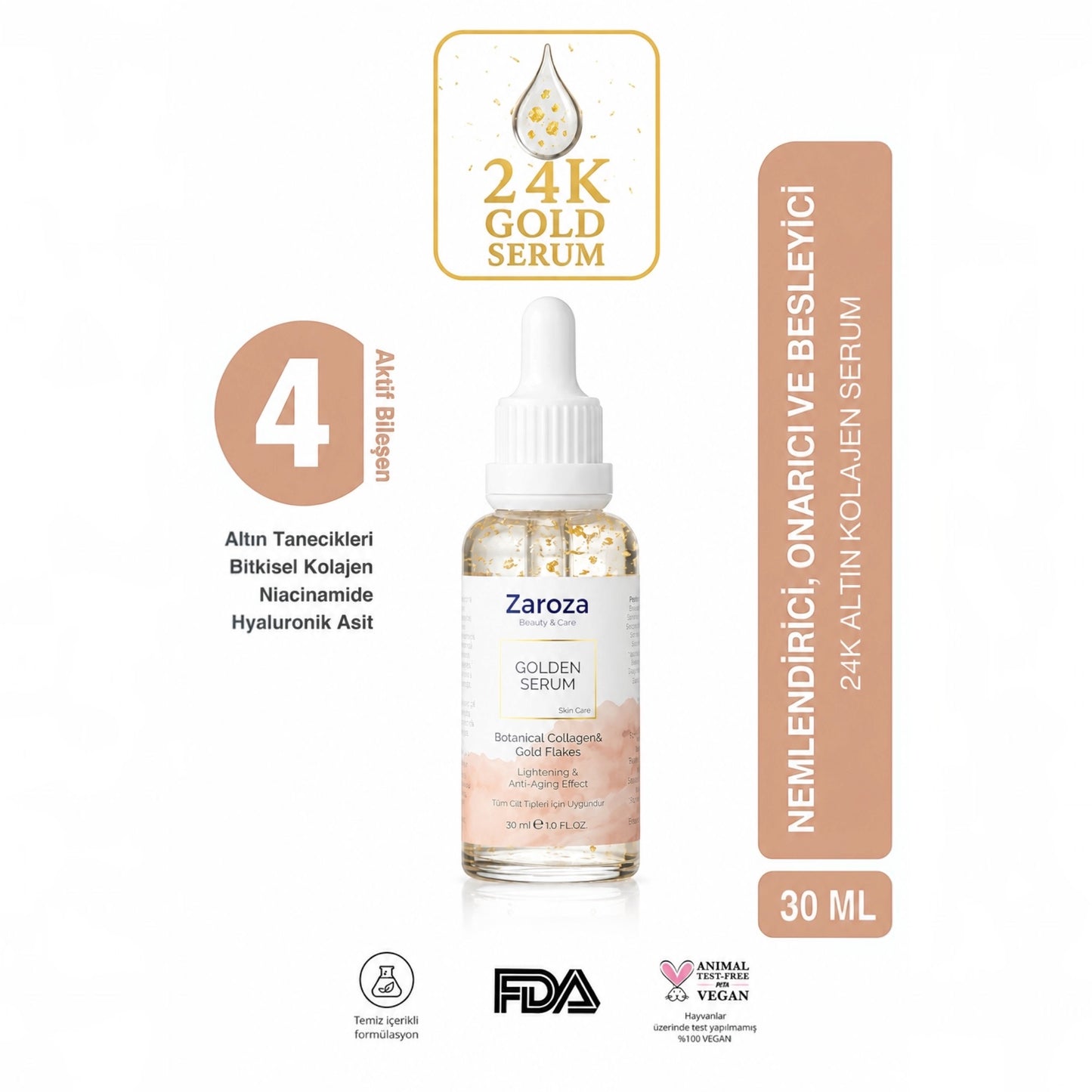 Zaroza 24K Gold Serum 30 ml – Niacinamide, 4D Hyaluronzuur & Plantaardig Collageen