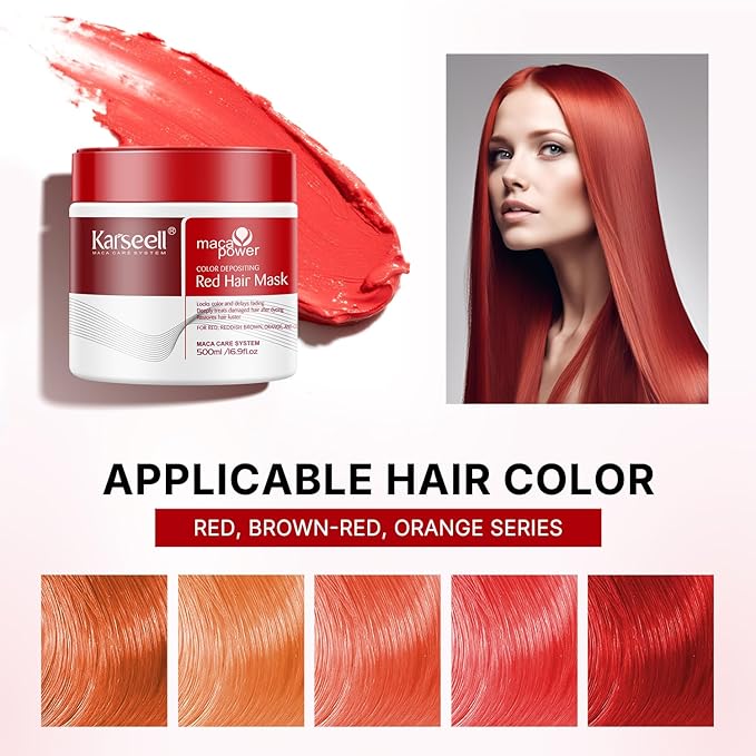 Karseell Maca Power Red Hair Mask – Kleurverfrissend Haarmasker – Hydratatie, Glans & Anti-Frizz – Voor Rood & Gekleurd Haar – 500 ml