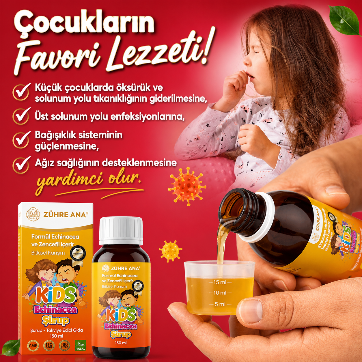 Zühre Ana Kids Ekinezya ve Zencefilli Şurup - 150ml | Echinacea & Gember Siroop | Met Natuurlijke Bananensmaak