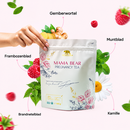 The Green Bear Mama Bear Zwangerschapsthee – Kruidenthee voor Zwangere Vrouwen – Gember, Munt, Frambozenblad &amp; Kamille – 140 g – 50 Porties