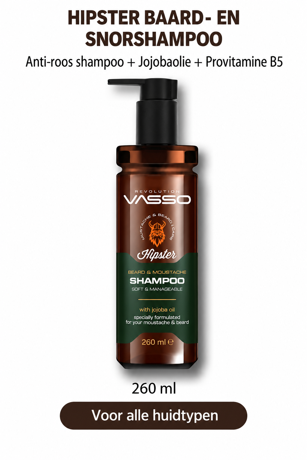 Vasso Hipster Baard- & Snor Shampoo met Jojobaolie – Verzorgend & Anti-Roos – 260 ml