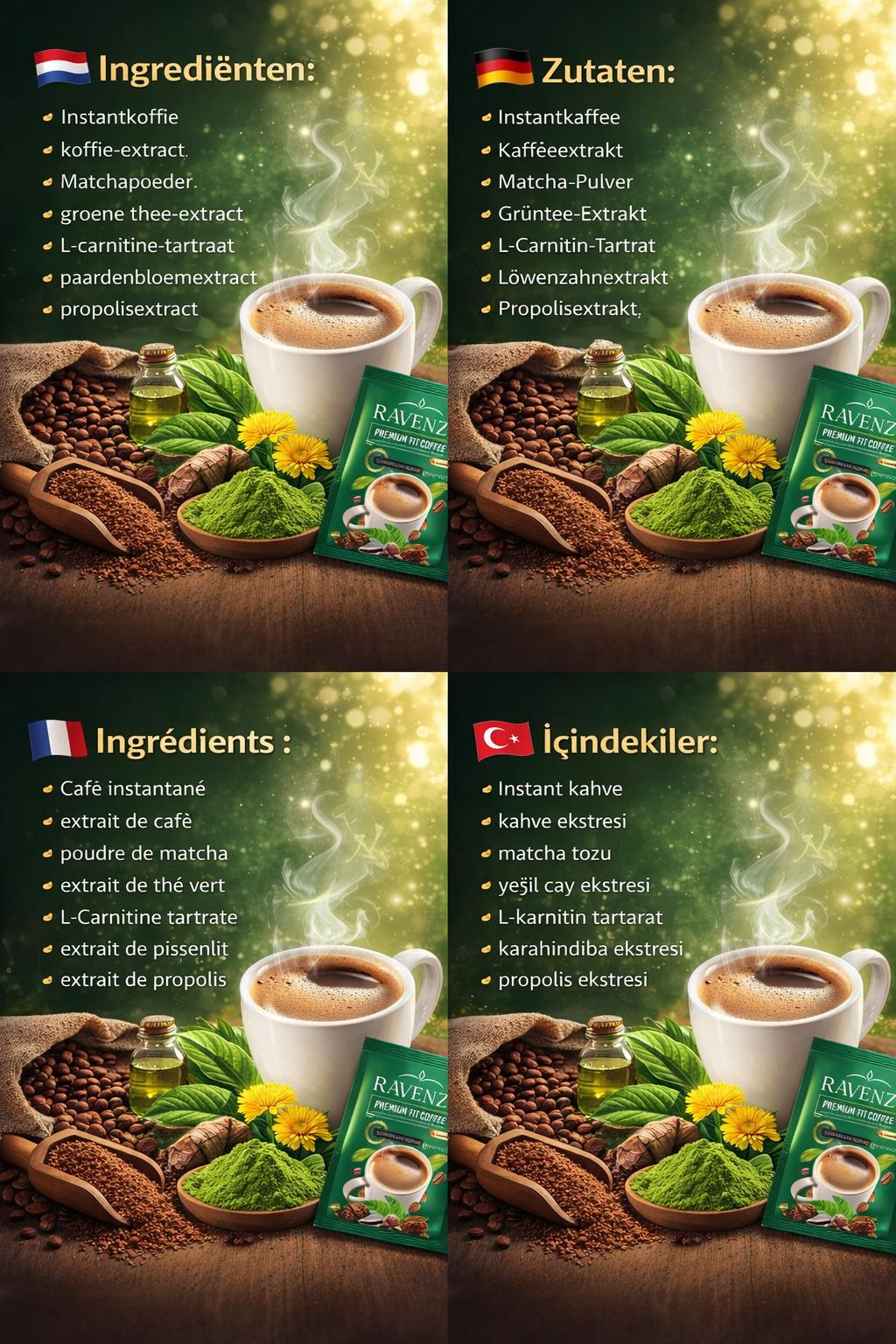 Ravenza Premium Fit Coffee – Instant Matcha Koffie met L-Carnitine, Groene Thee, Paardenbloem & Propolis – 30 Sachets