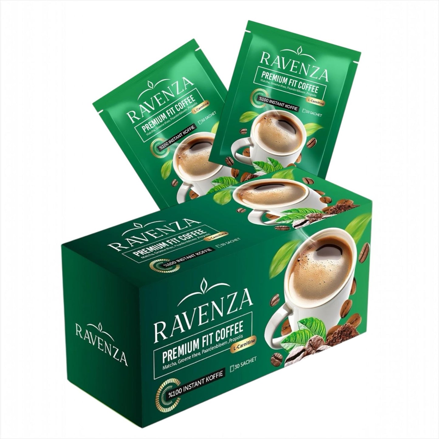 Ravenza Premium Fit Coffee – Instant Matcha Koffie met L-Carnitine, Groene Thee, Paardenbloem & Propolis – 30 Sachets