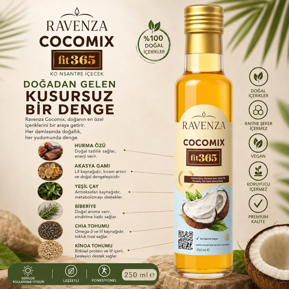 Ravenza Cocomix Fit365 – Kokosdrankconcentraat met Groene Thee, Chiazaad, Quinoa, Rozemarijn & L-Carnitine – 250 ml