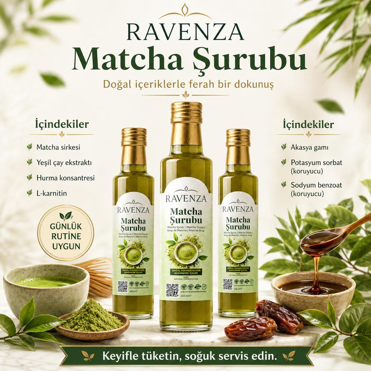 Ravenza Matcha Siroop – Gefermenteerde Matcha Drankconcentraat met Groene Thee-Extract, Dadelconcentraat & L-Carnitine – 250 ml
