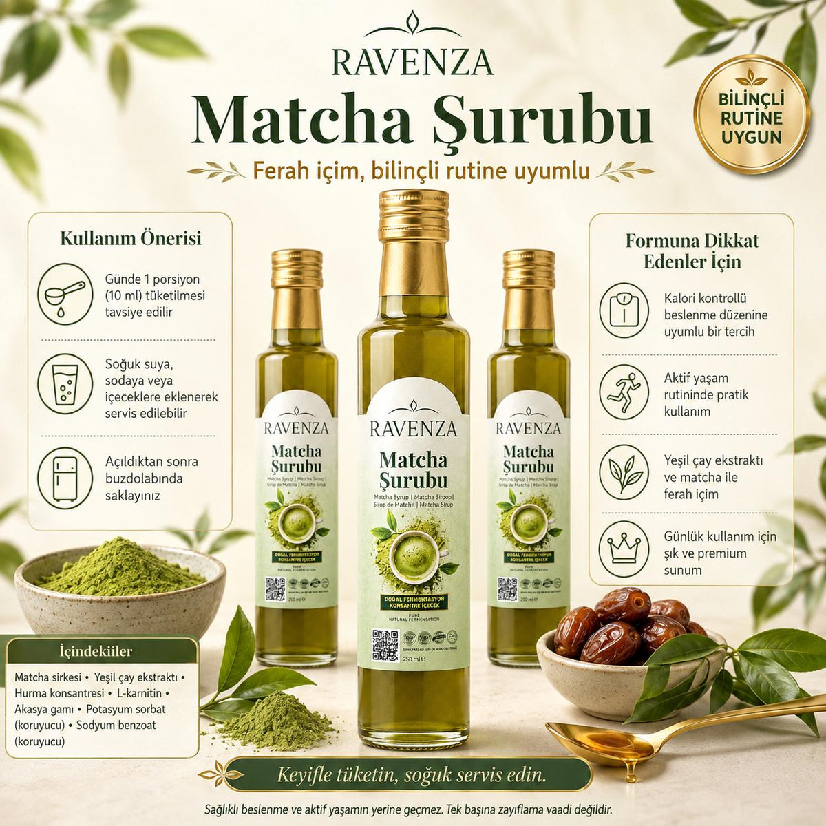 Ravenza Matcha Siroop – Gefermenteerde Matcha Drankconcentraat met Groene Thee-Extract, Dadelconcentraat & L-Carnitine – 250 ml