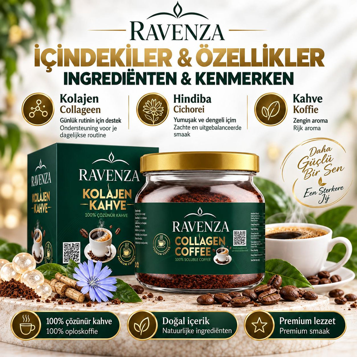 Ravenza Collageen Koffie – Oplosbare Koffie met Chicorei & Collageen – Instant Collagen Coffee – 150 g