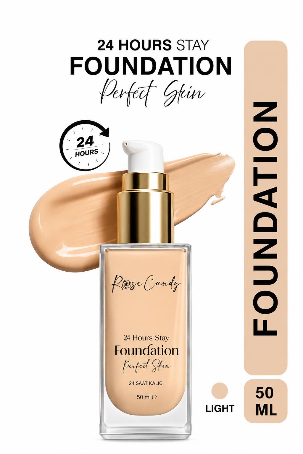 Rose Candy - 24 Hours Stay Foundation 50 ml – Natuurlijke Matte Finish – Hoge Dekking – Langhoudende Foundation – Light